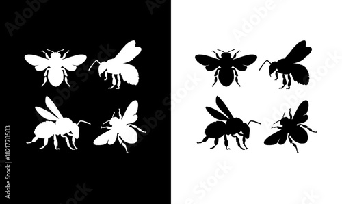 bee silhouette set vector illustration, insect silhouette vector illustration, insect, animal silhouette vector illustration, animals, silhouette, black, vector, bee, fly, honey, design, illustration,