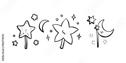Magical doodle stars moons and wands with transparent background