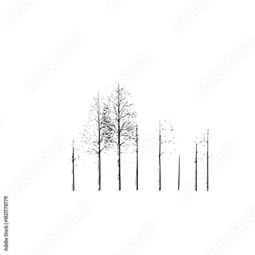 Minimalist black and white drawing of sparse tree silhouettes