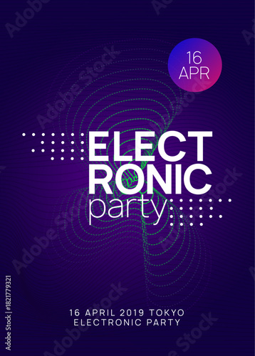 Techno Background. Festival Invite. Electronic Radio Illustration. Discotheque Electro Element. Sound Banner. Green Edm Set. Violet Dj Flyer. Blue Techno Background