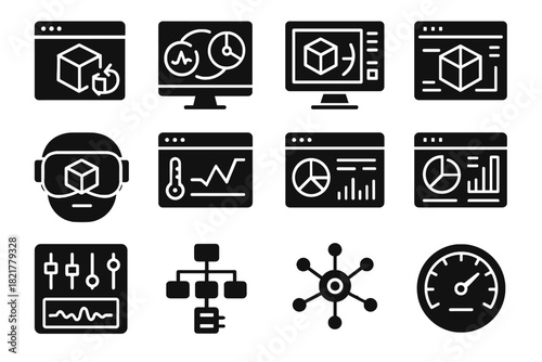 Twin vector icon digital system gauge icons workflow dashboard hub sensor simulation