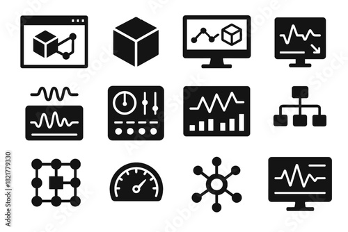 Icon performance simulation workflow connectivity prototype dashboard vector digital panel twin interface