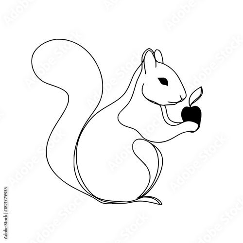 Simple line art drawing of a squirrel holding a small apple