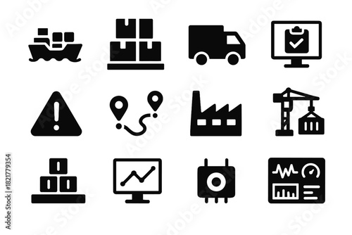 Chain crane factory warehouse icon vector inventory supply icons stack shipment panel