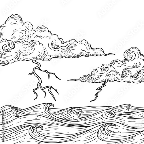 Hand drawn sketch of stormy sea with lightning and dark cloud