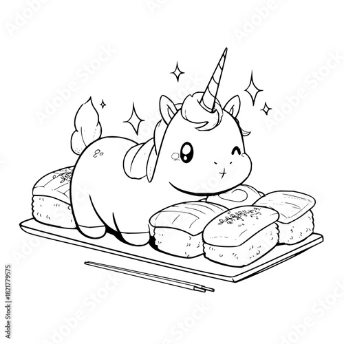 Cute unicorn character lying on a plate of sushi, coloring page