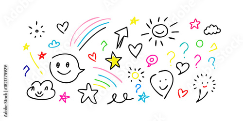 Neon Hand Drawn Doodles With Stars Hearts Question Marks