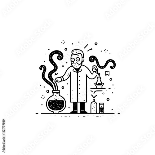 Cartoon scientist conducting a strange chemical experiment