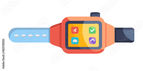 Orange smartwatch with blue strap and app icons wearable technology