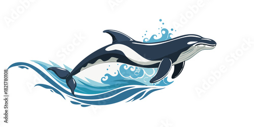 Orca whale breaching stylized ocean waves killer whale