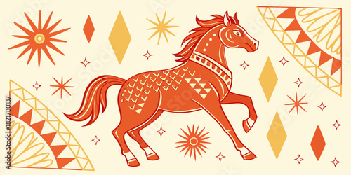 Stylized illustration of a horse with geometric patterns and star shapes on a cream background