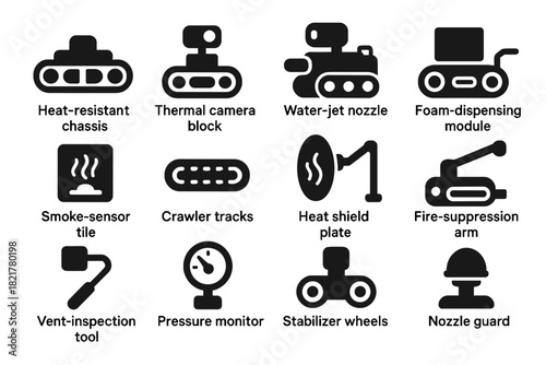 Response heat guard nozzle fire shield icon robot tracks plate vector stabilizer