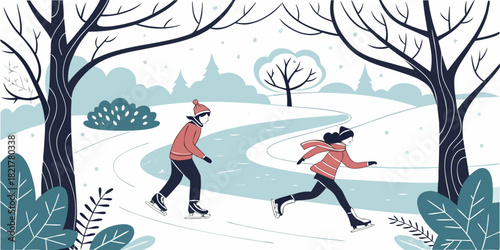 Two people ice skating on a frozen river in a snowy winter landscape near trees and bushes scene