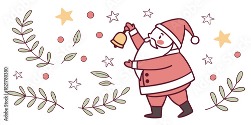 Santa claus ringing a bell surrounded by stars leaves and dots in a christmas themed illustration
