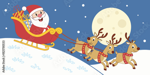 Santa claus riding in his sleigh pulled by reindeers under a full moon on christmas eve night