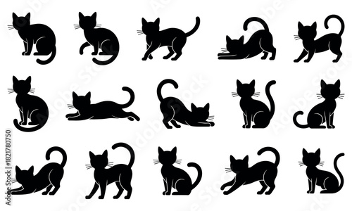 Silhouette cat collection featuring various sitting, walking, stretching, and playful poses, perfect for pet-themed designs, pattern sets, decorative artwork, and cute minimalist black cat 