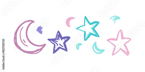 Pastel doodle stars and crescent moons with transparent background
