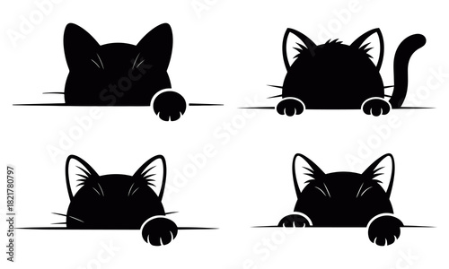 Cute peeking cat silhouettes with playful ears and paws visible above the edges, ideal for adorable pet-themed artwork, creative decorative elements, fun layouts, and charming animal illustration 