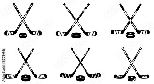 Crossed hockey stick silhouettes arranged in a clean minimalist layout, ideal for sports graphics, athlete themes, winter game illustrations, equipment designs, and modern vector elements for active