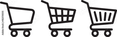Three stylized black shopping cart icons on a white background representing different stages of shopping