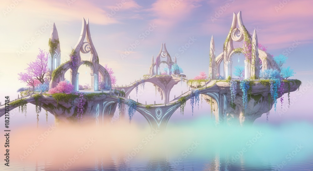 Obraz premium Ethereal illuminated architecture connects islands suspended above tranquil water reflecting soft pastel hues