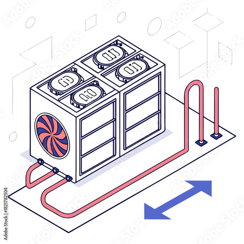 Isometric illustration of an industrial cooling system with pipes and fan