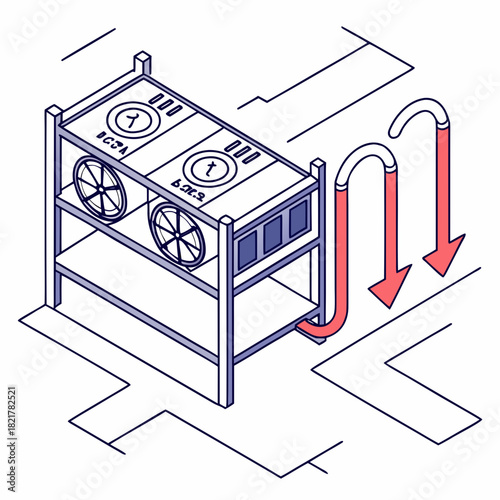 Isometric illustration of a cryptocurrency mining rig with cooling system