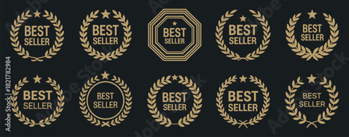 best seller emblem with laurel wreath, featuring award badges, premium labels, and recognition symbols, ideal for product promotion, brand highlights, marketing materials, and high-quality 