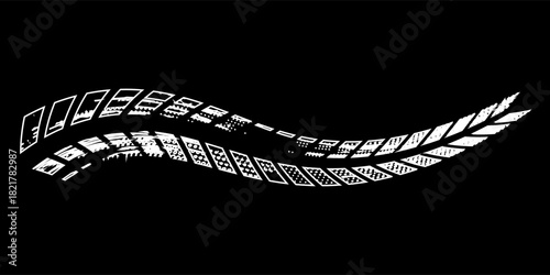 Tire tread marks, wheel textures, tire marks - car racing, motocross, drift, rally, off-road and others. Vector black isolated texture in grunge style with splashes.eps10