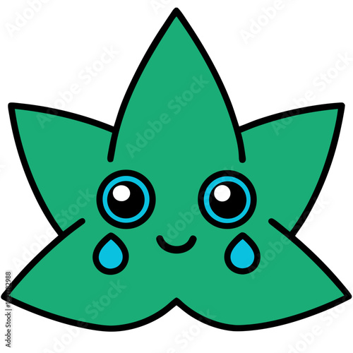 Cute cartoon green leaf character with a sad face and tears