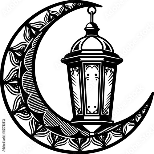 Ornate crescent moon and traditional lantern illustration for ramadan