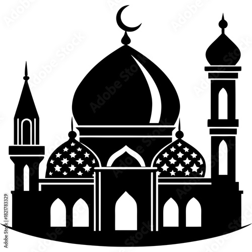 Mosque silhouette with domes, minarets, and crescent