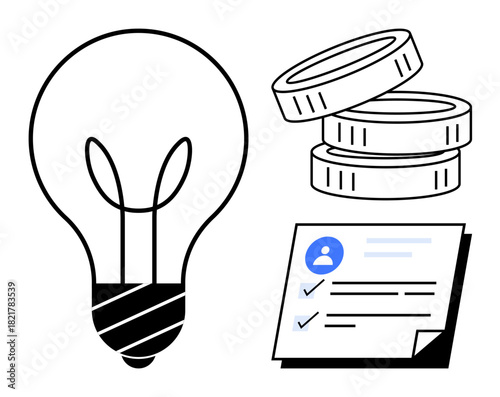 Light bulb for innovation, stacked coins for wealth or investment, and checklist for achieving goals. Ideal for creativity, finance, business planning, motivation, success, personal growth simple