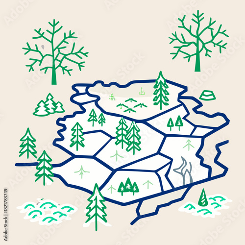 Stylized map illustration with various green trees and natural elements