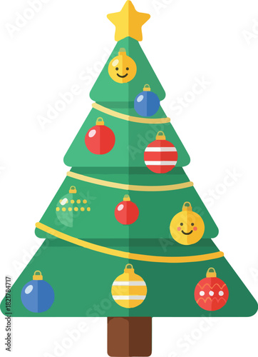 Wallpaper Mural Festive Ornamented Christmas Tree: A vibrant illustration showcasing a decorated evergreen Christmas tree, adorned with cheerful ornaments and a shining star. Torontodigital.ca