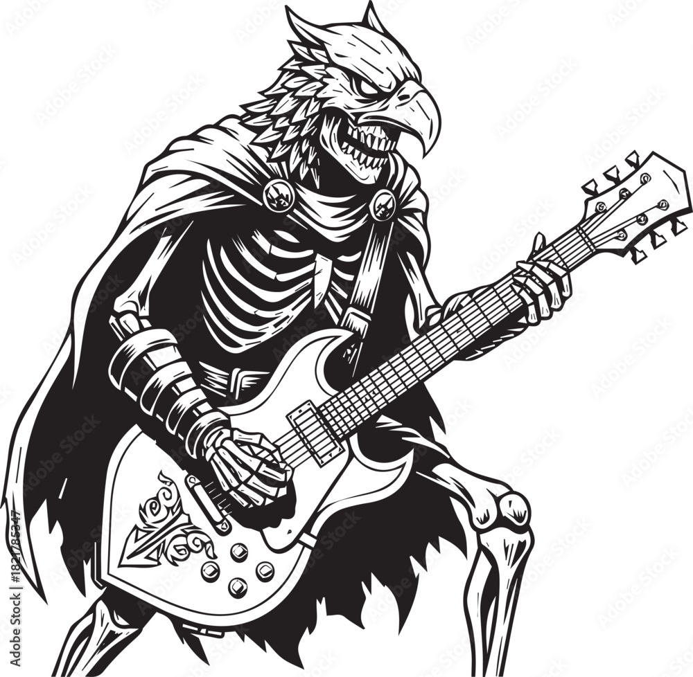 Fototapeta premium Skeleton Eagle Rocker Illustration for Musical Graphic Arts Projects and Halloween Season Decor Ideas