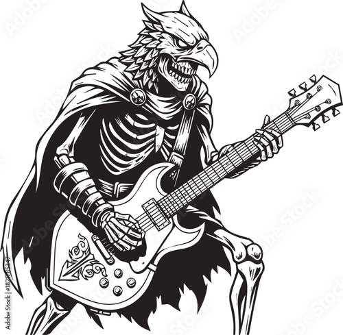 Skeleton Eagle Rocker Illustration for Musical Graphic Arts Projects and Halloween Season Decor Ideas