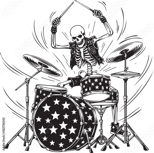 Skeleton drummer in a leather jacket performing energetically on a drum set with star patterns in black and white