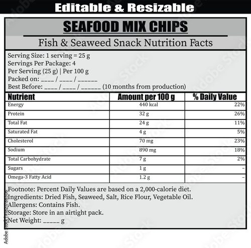 Seafood Mix Chips Nutrition Facts Label Editable Resizable fish seaweed snack