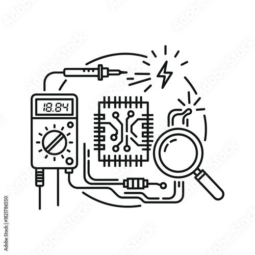 Electronic circuit repair and diagnostic tools isolated on white background