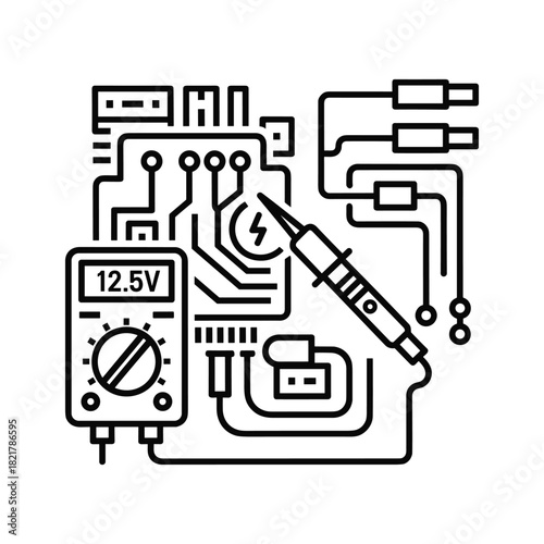 Electronic circuit board with multimeter and soldering iron icon