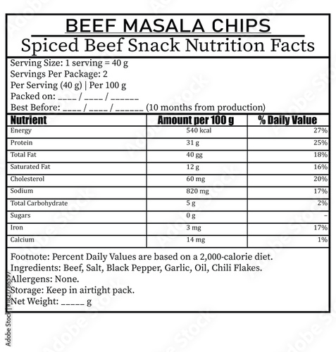 Beef Masala Chips Nutrition Facts Label With Macronutrient Breakdown spiced beef snack