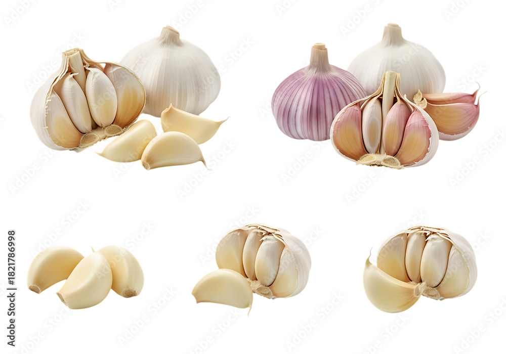 Fototapeta premium Various fresh garlic bulbs and cloves displayed in different arrangements isolated on transparent background