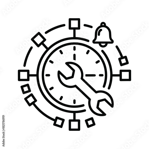 Time management and maintenance icon with clock, wrench, and notification bell