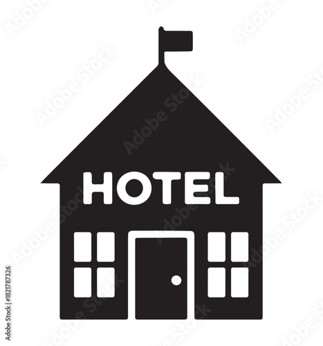 Low cost hotel line icon design,black building sign on white background.