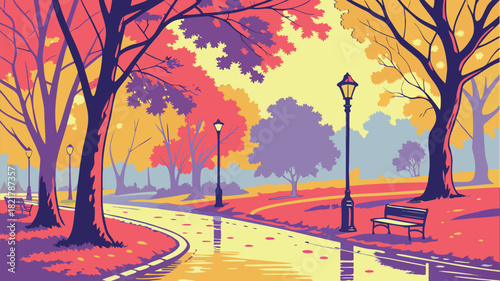 Vibrant Autumn Park Landscape Illustration with Path, Street Lamps, and Fall Colors