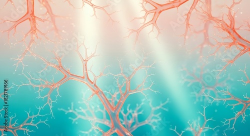 Fototapeta Naklejka Na Ścianę i Meble -  Translucent crystal filaments form glowing prism veins resembling an intricate coral reef branching across a clean aqua gradient. Abstract organic concept