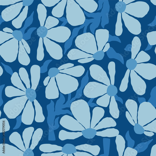 Floral Seamless Pattern. Groovy Abstract Flower Chamomile tone-on-tone blue inspired by denim texture in trendy naive retro hippie. Contemporary monochrome Folk Art. Vector Illustration. Not AI