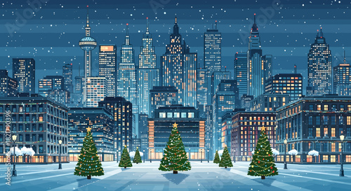 Cityscape Christmas SnowDusted Streets and Festive Trees in Urban Winter