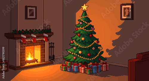 Cozy Christmas Scene with Decorated Tree and Fireplace